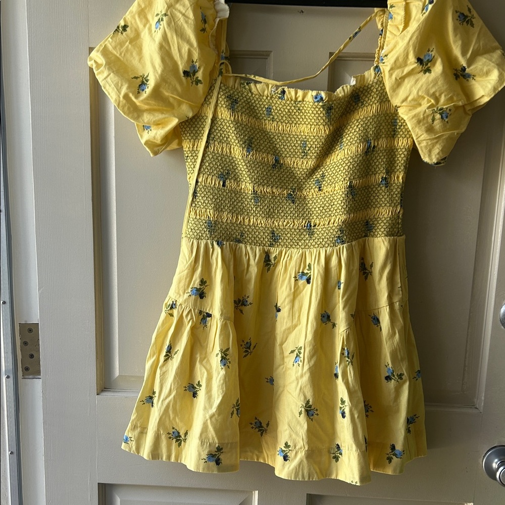 Anthropologie Yellow Floral Midi Dress with Blue Accents